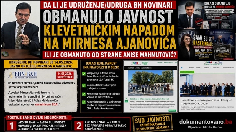 DA LI JE UDRUŽENJE/UDRUGA BH NOVINARI OBMANULO JAVNOST KLEVETNIČKIM NAPADOM NA MIRNESA AJANOVIĆA ILI JE OBMANUTO OD STRANE ANISE MAHMUTOVIĆ